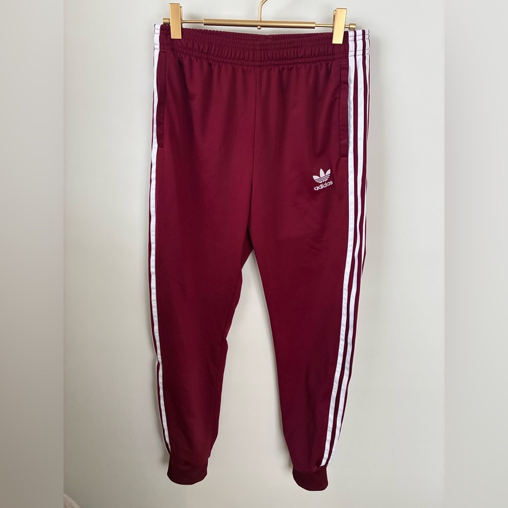 Adidas Kids Burgundy Joggers with White Stripes
